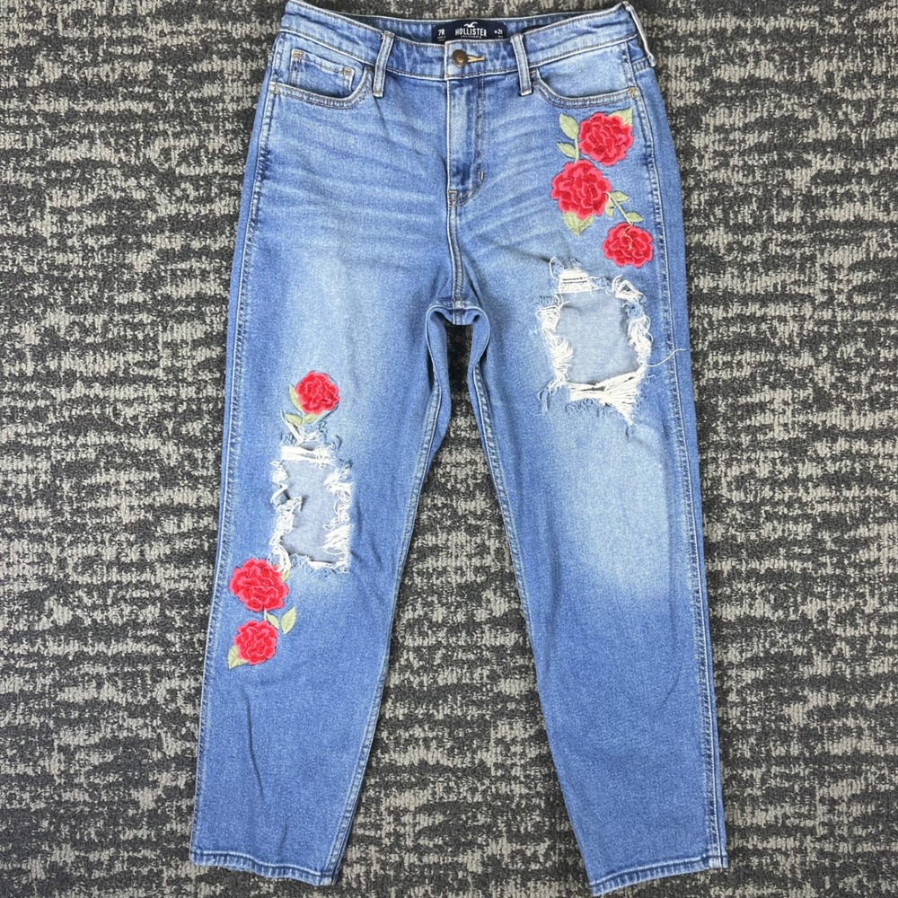 Hollister Jeans Womens 7R 28 Blue Distressed Red Rose Embroidered High Rise Slim